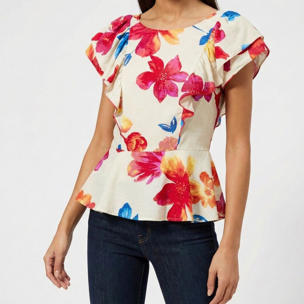 Skies Are Blue Floral Peplum Top XS Flutter Ruffle Sleeve Summer Blouse